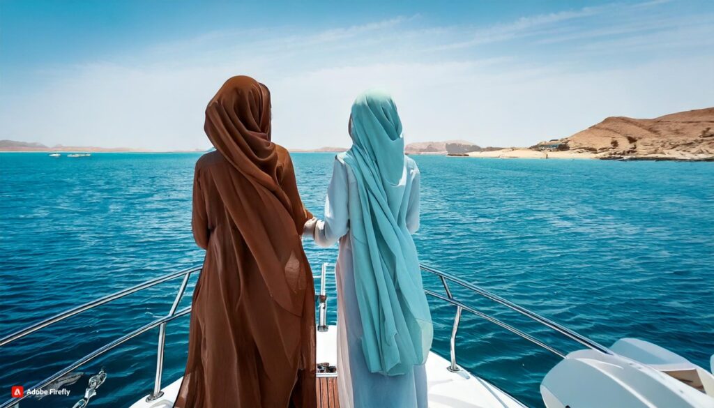 Jadayel Tourism - 2 Qatari women standing in the front of a yacht at the middle of the sea
